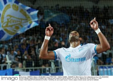 KAZAN, RUSSIA. AUGUST 24, 2015. Zenit s Hulk celebrates scoring in the 2015 2016 Russian Premier League Round 6 football match against Rubin Kazan at Central Stadium. FC Zenit St. Petersburg won the game 3:1. Yegor Aleyev TASS  TS00B461