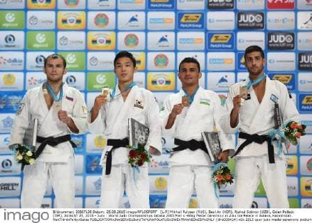 (L-R) Mikhail Pulyaev (RUS), Baul An (KOR), Rishod Sobirov (UZB), Golan Pollack (ISR), AUGUST 25, 2015 - Judo : World Judo Championships Astana 2015 Men s -66kg Medal Ceremony at Alau Ice Palace in Astana, Kazakhstan. NoxThirdxPartyxSales  (dlra008424)