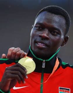 BEIJING, CHINA. AUGUST 26, 2015. Gold medalist Nicholas Bett of Kenya poses at a victory ceremony for the men s 400m hurdles event at the 15th IAAF World Championships in Athletics, at the National Stadium. Vladimir Smirnov TASS  TS00B6F3