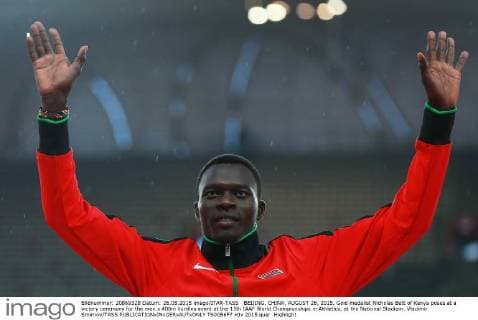 BEIJING, CHINA. AUGUST 26, 2015. Gold medalist Nicholas Bett of Kenya poses at a victory ceremony for the men s 400m hurdles event at the 15th IAAF World Championships in Athletics, at the National Stadium. Vladimir Smirnov TASS  TS00B6F7