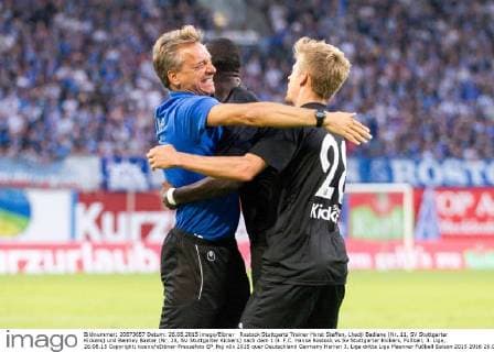 Rostock Stuttgarts Trainer Horst Steffen, Lhadji Badiane (Nr. 11, SV Stuttgarter Kickers) und Bentley Baxter (Nr. 28, SV Stuttgarter Kickers) nach dem 1:0. F.C. Hansa Rostock vs Sv Stuttgarter Kickers, Fußball, 3. Liga, 26.08.15 Copyright: koenx xEibner-Pressefoto EP_fkg