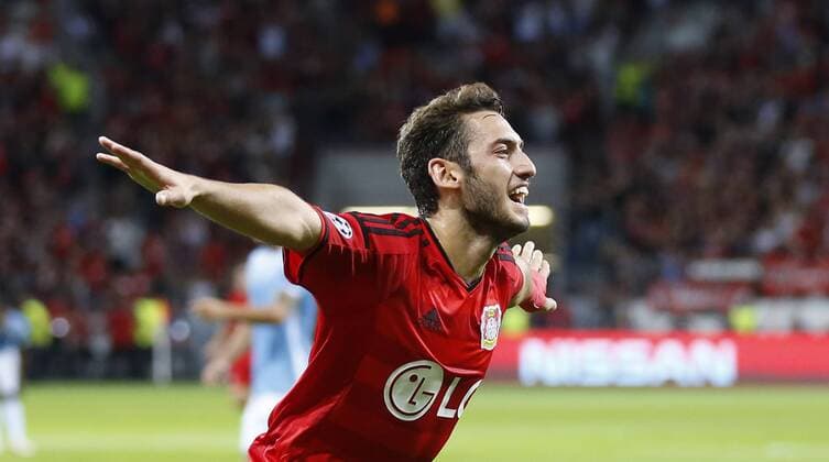Hakan Calhanoglu (Bayer 04 Leverkusen) celebrates scoring the 1:0 goal during the Championsleague Qualification between Bayer 04 Leverkusen and Lazio Rom, Bayarena in Leverkusen on August 26., 2015. Bayer 04 Leverkusen vs. Lazi Rom in der Qualifikation der Champions League der Saison 2015 2016 am 26. August 2015.