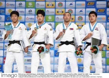 (L-R) Riki Nakaya, Shohei Ono (JPN), AUGUST 26, 2015 - Judo : World Judo Championships Astana 2015 Men s -73kg Medal Ceremony at Alau Ice Palace in Astana, Kazakhstan. NoxThirdxPartyxSales  (dlra008444)