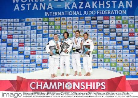 (L-R) Corina Caprioriu (ROU), Kaori Matsumoto (JPN), Automne Pavia (FRA), Sumiya Dorjsuren (MGL), AUGUST 26, 2015 - Judo : World Judo Championships Astana 2015 Women s -57kg Medal Ceremony at Alau Ice Palace in Astana, Kazakhstan. NoxThirdxPartyxSales  (dlra008479)