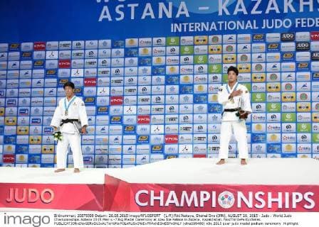 (L-R) Riki Nakaya, Shohei Ono (JPN), AUGUST 26, 2015 - Judo : World Judo Championships Astana 2015 Men s -73kg Medal Ceremony at Alau Ice Palace in Astana, Kazakhstan. NoxThirdxPartyxSales  (dlra008480)