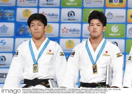 (L-R) Riki Nakaya, Shohei Ono (JPN), AUGUST 26, 2015 - Judo : World Judo Championships Astana 2015 Men s -73kg Medal Ceremony at Alau Ice Palace in Astana, Kazakhstan. NoxThirdxPartyxSales  (dlra008586)