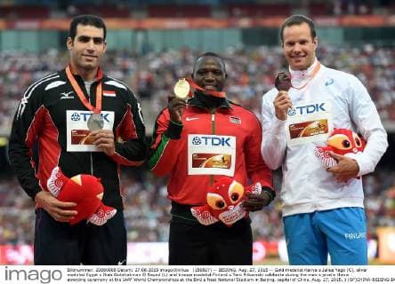 (150827) -- BEIJING, Aug. 27, 2015 -- Gold medalist Kenya s Julius Yego (C), silver medalist Egypt s Ihab Abdelrahman El Sayed (L) and bronze medalist Finland s Tero Pitkamaki celebrate during the men s javelin throw awarding ceremony at the IAAF World Championships at the Bird s Nest Naitonal Stadium in Beijing, capital of China, Aug. 27, 2015. ) (SP)CHINA-BEIJING-IAAF WORLD CHAMPIONSHIPS-MEN S JAVELIN THROW AWARDING CEREMONY (CN) LixWen 