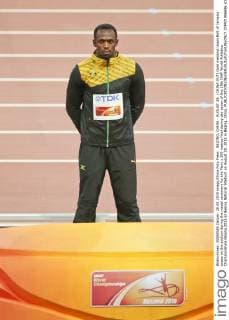 BEIJING, CHINA - AUGUST 28: (CHINA OUT) Gold medalist Usain Bolt of Jamaica poses on the podium during the medal ceremony for the Men s 200 metres final during day seven of the 15th IAAF World Athletics Championships Beijing 2015 at Beijing National Stadium on August 28, 2015 in Beijing, China.  CFP471986696 