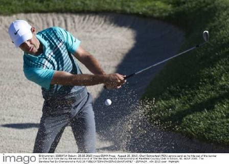 August 28, 2015: Charl Schwartzel (RSA) sprays sand as he hits out of the bunker on The 11th hole during the second round of The Barclays Fed Ex Championship at Plainfield Country Club in Edison, NJ. GOLF 2015: The Barclays Fed Ex Championship AUG 28 - ZUMAc04_
