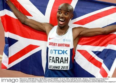 Mo Farah (GBR), AUGUST 22, 2015 - Athletics : Mohamed Farah of Great Britain celebrates with his national flag after winning the Men s 10000m on day one of the 15th IAAF World Championships in Athletics Beijing 2015 at Beijing National Stadium in Beijing, China. NoxThirdxPartyxSales  (qkqb003377)