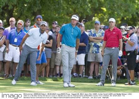 August 28, 2015: Jason Day (AUS), Jordan Spieth (USA) and Bubba Watson (USA) react to a tee shot during the second round of The Barclays Fed Ex Championship at Plainfield Country Club in Edison, NJ. GOLF 2015: The Barclays Fed Ex Championship AUG 28 - ZUMAc04_