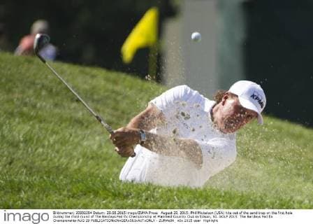 August 29, 2015: Phil Mickelson (USA) hits out of the sand trap on the first hole during the third round of The Barclays Fed Ex Championship at Plainfield Country Club in Edison, NJ. GOLF 2015: The Barclays Fed Ex Championship AUG 29 - ZUMAc04_