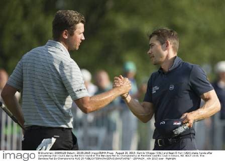 August 29, 2015: Camilo Villegas (COL) and Sean O Hair (USA) shake hands after completing their round during the third round of The Barclays Fed Ex Championship at Plainfield Country Club in Edison, NJ. GOLF 2015: The Barclays Fed Ex Championship AUG 29 - ZUMAc04_