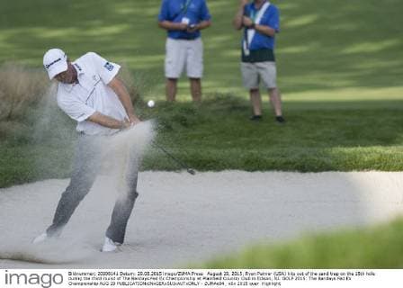 August 29, 2015: Ryan Palmer (USA) hits out of the sand trap on the 18th hole during the third round of The Barclays Fed Ex Championship at Plainfield Country Club in Edison, NJ. GOLF 2015: The Barclays Fed Ex Championship AUG 29 - ZUMAc04_