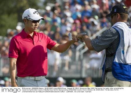 August 29, 2015: Sangmoon Bae (KOR) fist pumps his caddy after completing his round during the third round of The Barclays Fed Ex Championship at Plainfield Country Club in Edison, NJ. GOLF 2015: The Barclays Fed Ex Championship AUG 29 - ZUMAc04_