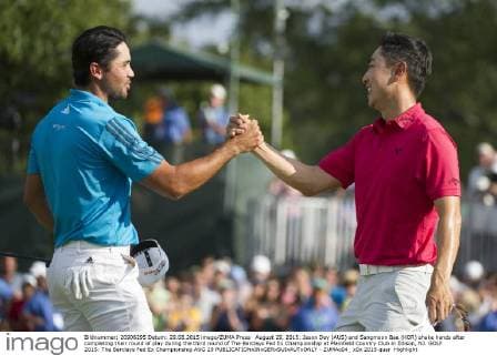 August 29, 2015: Jason Day (AUS) and Sangmoon Bae (KOR) shake hands after completing their round of play during the third round of The Barclays Fed Ex Championship at Plainfield Country Club in Edison, NJ. GOLF 2015: The Barclays Fed Ex Championship AUG 29 - ZUMAc04_