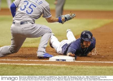Aug. 29, 2015 - St. Petersburg, Florida, U.S. - WILL VRAGOVIC Times.Tampa Bay Rays center fielder Kevin Kiermaier (39) dives back to tag first base in the third inning of the game between the Kansas City Royals and the Tampa Bay Rays in Tropicana Field in St. Petersburg, Fla. on Saturday, August 29, 2015. Florida News - Aug. 29, 2015 - ZUMAs70_