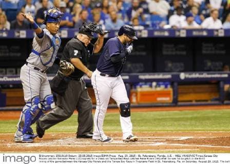 Aug. 29, 2015 - St. Petersburg, Florida, U.S. - WILL VRAGOVIC Times.Kansas City Royals catcher Salvador Perez (13) signals for a check on Tampa Bay Rays catcher Rene Rivera (44) after he was hit by pitch in the third inning of the game between the Kansas City Royals and the Tampa Bay Rays in Tropicana Field in St. Petersburg, Fla. on Saturday, August 29, 2015. The ball glanced off Tampa Bay Rays catcher Rene Rivera s arm before hitting him in the face, and he stayed in the game. Florida News - Aug. 29, 2015 - ZUMAs70_