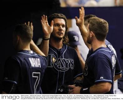 Aug. 29, 2015 - St. Petersburg, Florida, U.S. - WILL VRAGOVIC Times.Tampa Bay Rays designated hitter John Jaso (28) in the dugout after scoring on a single by shortstop Asdrubal Cabrera (13) in the fourth inning of the game between the Kansas City Royals and the Tampa Bay Rays in Tropicana Field in St. Petersburg, Fla. on Saturday, August 29, 2015. Florida News - Aug. 29, 2015 - ZUMAs70_