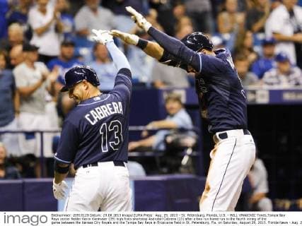 Aug. 29, 2015 - St. Petersburg, Florida, U.S. - WILL VRAGOVIC Times.Tampa Bay Rays center fielder Kevin Kiermaier (39) high fives shortstop Asdrubal Cabrera (13) after a two run home run in the fourth inning of the game between the Kansas City Royals and the Tampa Bay Rays in Tropicana Field in St. Petersburg, Fla. on Saturday, August 29, 2015. Florida News - Aug. 29, 2015 - ZUMAs70_