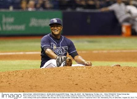 Aug. 29, 2015 - St. Petersburg, Florida, U.S. - WILL VRAGOVIC Times.Tampa Bay Rays relief pitcher Enny Romero (45) after he fell trying to field a single by Kansas City Royals first baseman Eric Hosmer (35) in the ninth inning of the game between the Kansas City Royals and the Tampa Bay Rays in Tropicana Field in St. Petersburg, Fla. on Saturday, August 29, 2015. Florida News - Aug. 29, 2015 - ZUMAs70_