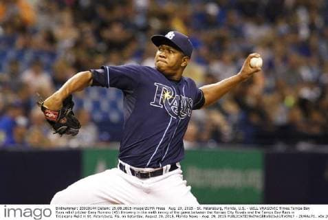 Aug. 29, 2015 - St. Petersburg, Florida, U.S. - WILL VRAGOVIC Times.Tampa Bay Rays relief pitcher Enny Romero (45) throwing in the ninth inning of the game between the Kansas City Royals and the Tampa Bay Rays in Tropicana Field in St. Petersburg, Fla. on Saturday, August 29, 2015. Florida News - Aug. 29, 2015 - ZUMAs70_