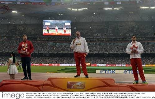 - BEIJING, CHINA: Belgian Philip Milanov, Piotr Malachowski and Robert Urbanek pose with their medals after the men s discus competition at the IAAF World Championships, Sunday 30 August 2015, in Beijing, China. The Athletics World Championships take place from August 22nd until August 30th 2015. ERICxLALMAND  x04689878x