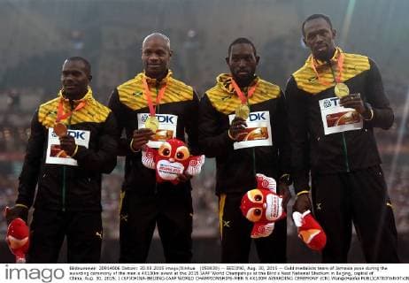 (150830) -- BEIJING, Aug. 30, 2015 -- Gold medalists team of Jamaica pose during the awarding ceremony of the men s 4X100m event at the 2015 IAAF World Champships at the Bird s Nest National Stadium in Beijing, capital of China, Aug. 30, 2015. ) (SP)CHINA-BEIJING-IAAF WORLD CHAMPIONSHIPS-MEN S 4X100M AWARDING CEREMONY (CN) WangxHaofei 