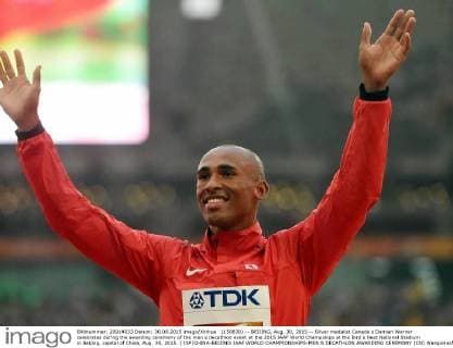 (150830) -- BEIJING, Aug. 30, 2015 -- Silver medalist Canada s Damian Warner celebrates during the awarding ceremony of the men s decathlon event at the 2015 IAAF World Champships at the Bird s Nest National Stadium in Beijing, capital of China, Aug. 30, 2015. ) (SP)CHINA-BEIJING-IAAF WORLD CHAMPIONSHIPS-MEN S DECATHLON AWARDING CEREMONY (CN) WangxHaofei 