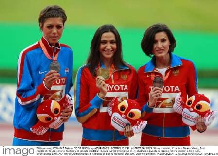 BEIJING, CHINA. AUGUST 30, 2015. Silver medalist, Croatia s Blanka Vlasic, Gold medalist, Russia s Maria Kuchina and Bronze medalist, Russia s Anna Chicherova (L-R) during an awards ceremony for the women s high jump event at the 15th IAAF World Championships in Athletics at Beijing National Stadium. Vladimir Smirnov TASS  TS00BF12