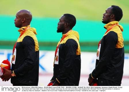 BEIJING, CHINA. AUGUST 30, 2015. Gold medalists, Jamaica s Asafa Powell, Nickel Ashmeade and Usain Bolt (L-R) during an awards ceremony for the men s 4x100m relay final at the 15th IAAF World Championships in Athletics at Beijing National Stadium. Vladimir Smirnov TASS  TS00BF30
