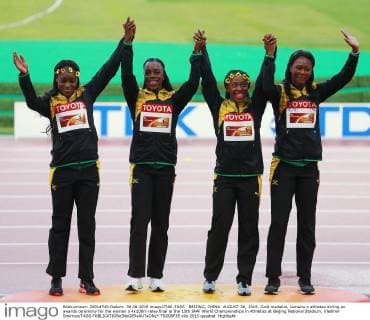 BEIJING, CHINA. AUGUST 30, 2015. Gold medalist, Jamaica s athletes during an awards ceremony for the women s 4x100m relay final at the 15th IAAF World Championships in Athletics at Beijing National Stadium. Vladimir Smirnov TASS  TS00BF35