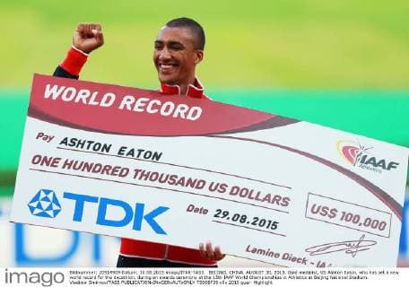 BEIJING, CHINA. AUGUST 30, 2015. Gold medalist, US Ashton Eaton, who has set a new world record for the decathlon, during an awards ceremony at the 15th IAAF World Championships in Athletics at Beijing National Stadium. Vladimir Smirnov TASS  TS00BF39