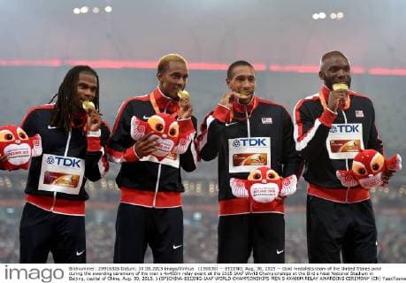 (150830) -- BEIJING, Aug. 30, 2015 -- Gold medalists team of the United States pose during the awarding ceremony of the men s 4x400m relay event at the 2015 IAAF World Championships at the Bird s Nest National Stadium in Beijing, capital of China, Aug. 30, 2015. ) (SP)CHINA-BEIJING-IAAF WORLD CHAMPIONSHIPS-MEN S 4X400M RELAY AWARDING CEREMONY (CN) YuexYuewei 