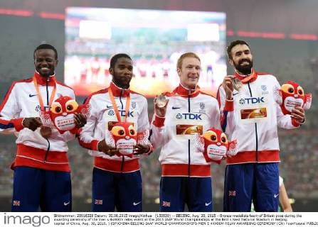 (150830) -- BEIJING, Aug. 30, 2015 --Bronze medalists team of Britain pose during the awarding ceremony of the men s 4x400m relay event at the 2015 IAAF World Championships at the Bird s Nest National Stadium in Beijing, capital of China, Aug. 30, 2015. ) (SP)CHINA-BEIJING-IAAF WORLD CHAMPIONSHIPS-MEN S 4X400M RELAY AWARDING CEREMONY (CN) YuexYuewei 