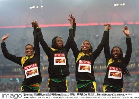 (150830) -- BEIJING, Aug. 30, 2015 -- Gold medalists team of Jamaica celebrate during the awarding ceremony of the women s 4x400m relay event at the 2015 IAAF World Championships at the Bird s Nest National Stadium in Beijing, capital of China, Aug. 30, 2015. ) (SP)CHINA-BEIJING-IAAF WORLD CHAMPIONSHIPS-WOMEN S 4X400M RELAY AWARDING CEREMONY (CN) YuexYuewei 