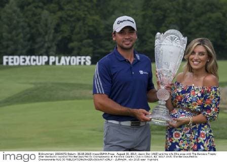 August 30, 2015: Jason Day (AUS) and his wife Ellie pose with The Barclays Trophy after the fourth round of The Barclays Fed Ex Championship at Plainfield Country Club in Edison, NJ. GOLF 2015: The Barclays Fed Ex Championship AUG 30 - ZUMAc04_