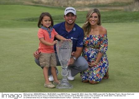 August 30, 2015: Jason Day (AUS) poses with The Barclays Trophy, his son Dash and Wife Ellie after the fourth round of The Barclays Fed Ex Championship at Plainfield Country Club in Edison, NJ. GOLF 2015: The Barclays Fed Ex Championship AUG 30 - ZUMAc04_