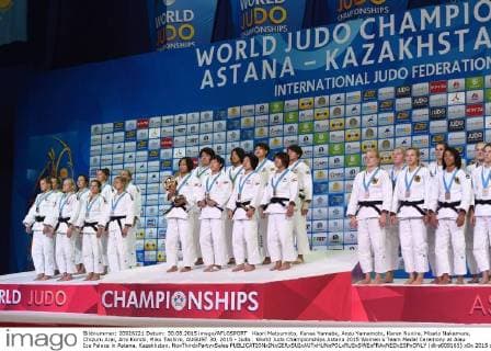 Kaori Matsumoto, Kanae Yamabe, Anzu Yamamoto, Karen Nunira, Misato Nakamura, Chizuru Arai, Ami Kondo, Miku Tashiro, AUGUST 30, 2015 - Judo : World Judo Championships Astana 2015 Women s Team Medal Ceremony at Alau Ice Palace in Astana, Kazakhstan. NoxThirdxPartyxSales  (dlra009165)
