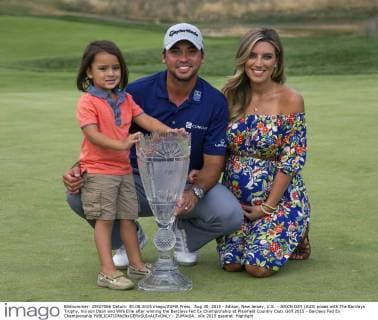 Aug 30, 2015 - Edison, New Jersey, U.S. - JASON DAY (AUS) poses with The Barclays Trophy, his son Dash and Wife Ellie after winning the Barclays Fed Ex Championship at Plainfield Country Club. Golf 2015 - Barclays Fed Ex Championship - ZUMAc04_
