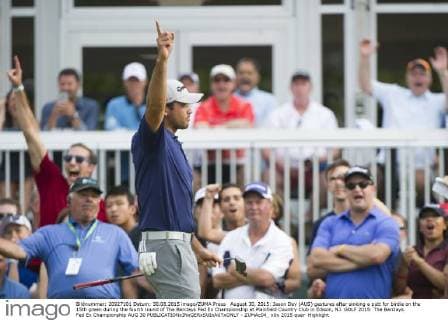 August 30, 2015: Jason Day (AUS) gestures after sinking a putt for birdie on the 15th green during the fourth round of The Barclays Fed Ex Championship at Plainfield Country Club in Edison, NJ. GOLF 2015: The Barclays Fed Ex Championship AUG 30 - ZUMAc04_