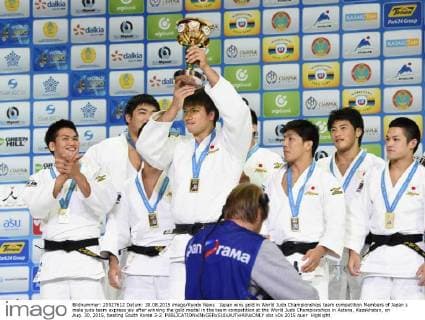 Japan wins gold in World Judo Championships team competition Members of Japan s male judo team express joy after winning the gold medal in the team competition at the World Judo Championships in Astana, Kazakhstan, on Aug. 30, 2015, beating South Korea 3-2. 