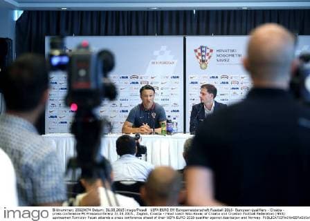 UEFA EURO EM Europameisterschaft Fussball 2016- European qualifiers - Croatia - press conference PK Pressekonferenz 31.08.2015., Zagreb, Croatia - Head coach Niko Kovac of Croatia and Croatian Football Federation (HNS) spokesman Tomislav Pacak attends a press conference ahead of their UEFA EURO 2016 qualifier against Azerbaijan and Norway.  GoranxStanzl PIXSELL