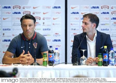 UEFA EURO EM Europameisterschaft Fussball 2016- European qualifiers - Croatia - press conference PK Pressekonferenz 31.08.2015., Zagreb, Croatia - Head coach Niko Kovac of Croatia and Croatian Football Federation (HNS) spokesman Tomislav Pacak attends a press conference ahead of their UEFA EURO 2016 qualifier against Azerbaijan and Norway.  GoranxStanzl PIXSELL