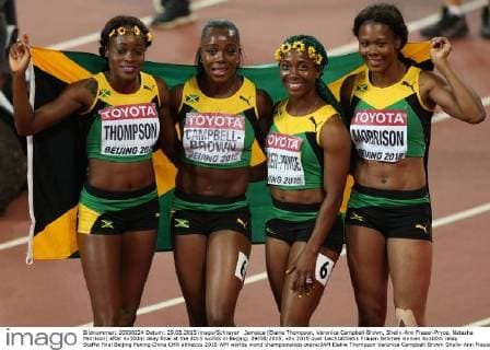 Jamaica (Elaine Thompson, Veronica Campbell-Brown, Shelly-Ann Fraser-Pryce, Natasha Morrison) after 4x100m relay final at the 2015 worlds in Beijing; 29 08 2015;