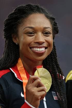 Allyson Felix, USA, during 400m award ceremony at the 2015 worlds in Beijing; 28 08 2015;