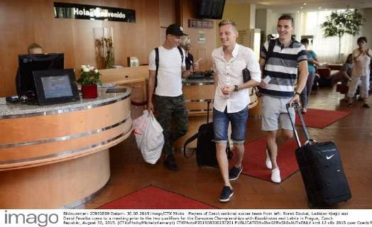 Players of Czech national soccer team from left: Borek Dockal, Ladislav Krejci and David Pavelka come to a meeting prior to the two qualifiers for the European Championships with Kazakhstan and Latvia in Prague, Czech Republic, August 30, 2015. (CTKxPhoto MichalxKamaryt) CTKPhotoP201508300237201  kmt 12