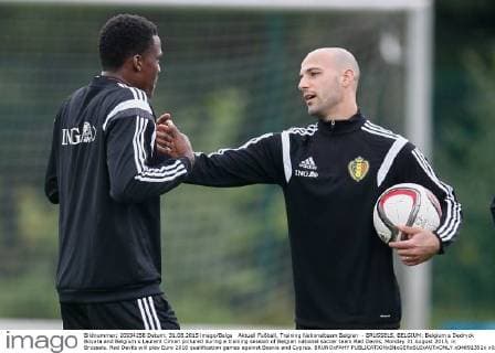 Aktuell Fußball, Training Nationalteam Belgien - BRUSSELS, BELGIUM: Belgium s Dedryck Boyata and Belgium s Laurent Ciman pictured during a training session of Belgian national soccer team Red Devils, Monday 31 August 2015, in Brussels. Red Devils will play Euro 2016 qualification games against Bosnia and Cyprus. BRUNOxFAHY  x04691352x