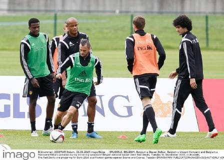 - BRUSSELS, BELGIUM: Belgium s Steven Defour, Belgium s Vincent Kompany and Belgium s Marouane Fellaini pictured during a training session of Belgian national soccer team Red Devils, Tuesday 01 September 2015, in Brussels. The Red Devils are preparing for Euro 2016 qualification games against Bosnia and Cyprus. Tuesday BRUNOxFAHY  x04691624x