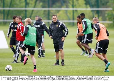 - BRUSSELS, BELGIUM: Belgium s head coach Marc Wilmots (C) pictured during a training session of Belgian national soccer team Red Devils, Tuesday 01 September 2015, in Brussels. The Red Devils are preparing for Euro 2016 qualification games against Bosnia and Cyprus. Tuesday BRUNOxFAHY  x04691632x